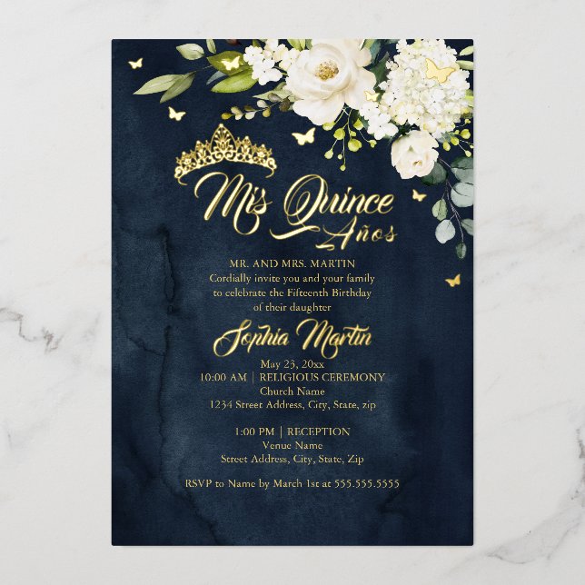 Champagne Floral Navy Gold Mis Quince Quinceanera Foil Invitation (Front)