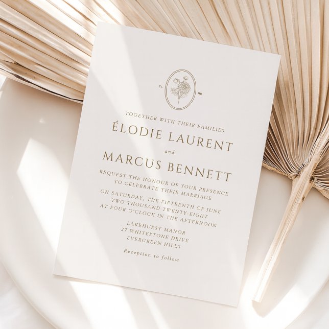 Champagne Floral Oval Monogram Wedding Invitation (Creator Uploaded)
