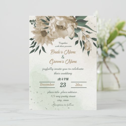 champagne flowers greenery wedding invitation