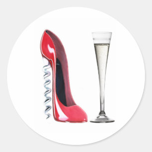Champagne Flute Glass and Corkscrew Stiletto Shoe Classic Round Sticker