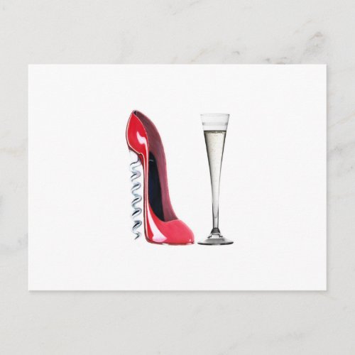 Champagne Flute Glass and Corkscrew Stiletto Shoe Postcard