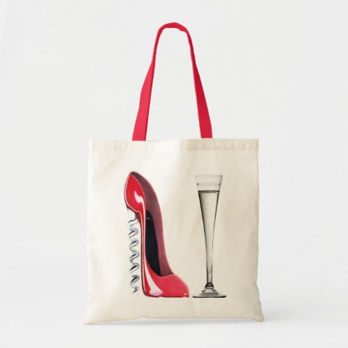 Champagne Flute Glass and Corkscrew Stiletto Shoe Tote Bag