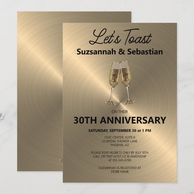 Champagne Flute Toast on Faux Metallic Invitation (Front/Back)