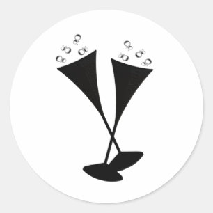 Champagne Flutes in Black and White Classic Round Sticker