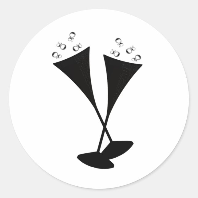 Champagne Flutes in Black and White Classic Round Sticker (Front)