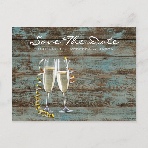 champagne flutes rustic blue barn wedding announcement postcard