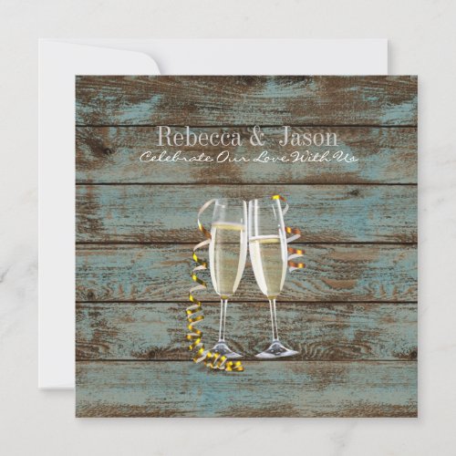 champagne flutes rustic blue barn wedding invitation
