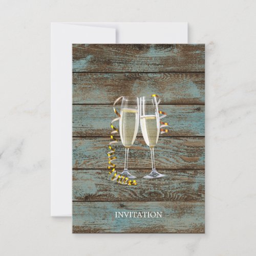 champagne flutes rustic blue barn wedding invitation