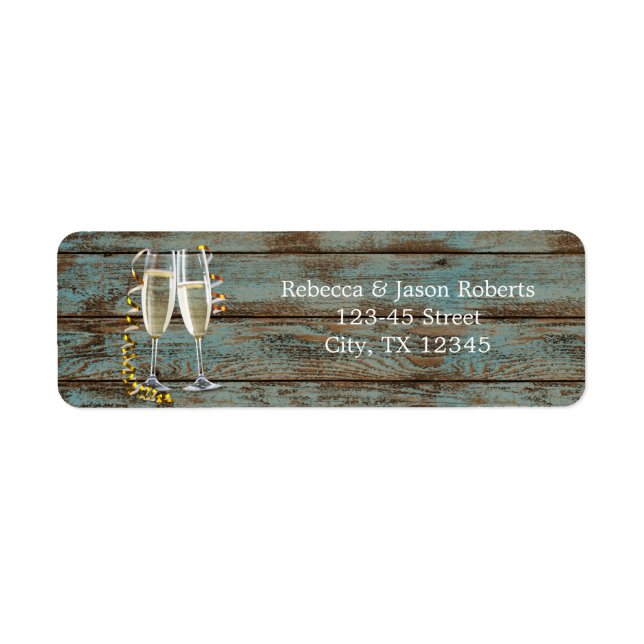 champagne flutes rustic blue barn wedding label (Front)