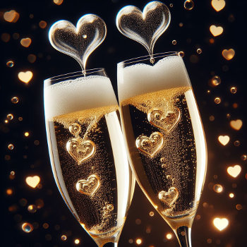 Champagne Flutes With Heart Bubbles Valentine  Holiday Card by HolidayCreations at Zazzle