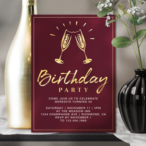 Champagne  Fun Burgundy Red and Gold Birthday Foil Invitation