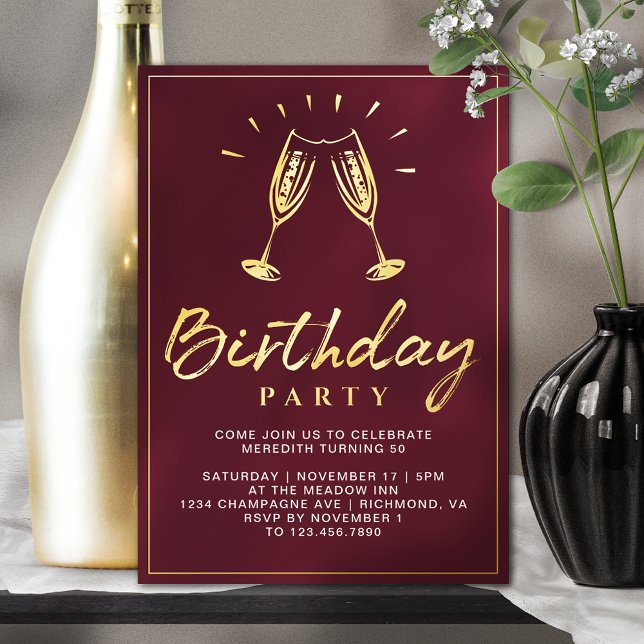 Champagne | Fun Burgundy Red and Gold Birthday Foil Invitation (Creator Uploaded)