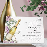 Champagne | Fun Elegant Women's 60th Birthday Invitation<br><div class="desc">Pretty 60th birthday invitations featuring a watercolor illustration of a champagne bottle surrounded by purple flowers. Large "sixty" text is written in script,  for a fun-but-elegant style. The reverse side is a coordinating pale green color. (Background colors can be changed,  if wanted,  by using the design tool).</div>