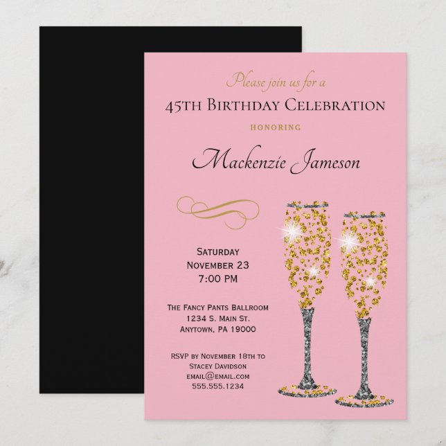 Champagne Glam Birthday Invitation Pink Gold Black (Front/Back)
