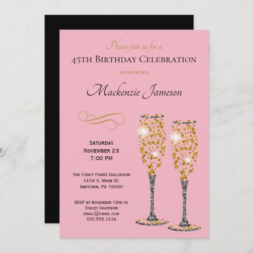 Champagne Glam Birthday Invitation Pink Gold Black