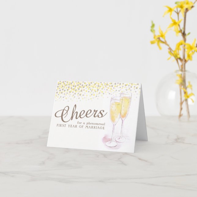 Champagne glass 1st wedding anniversary art card (Yellow Flower)