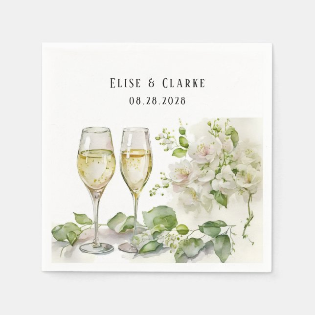 Champagne Glass and Florals Custom Wedding Napkins (Front)