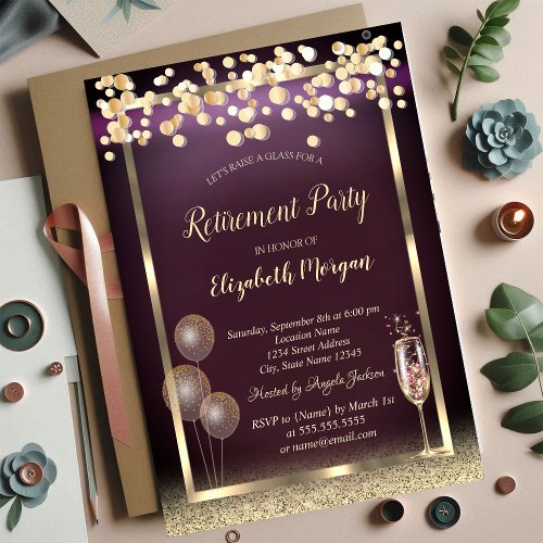 Champagne Glass Balloons Glitter Gold Retirement  Invitation