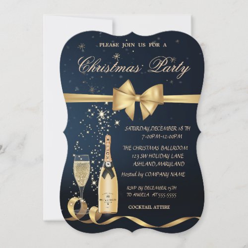 Champagne Glass Bottle Gold Bow Christmas Party Invitation