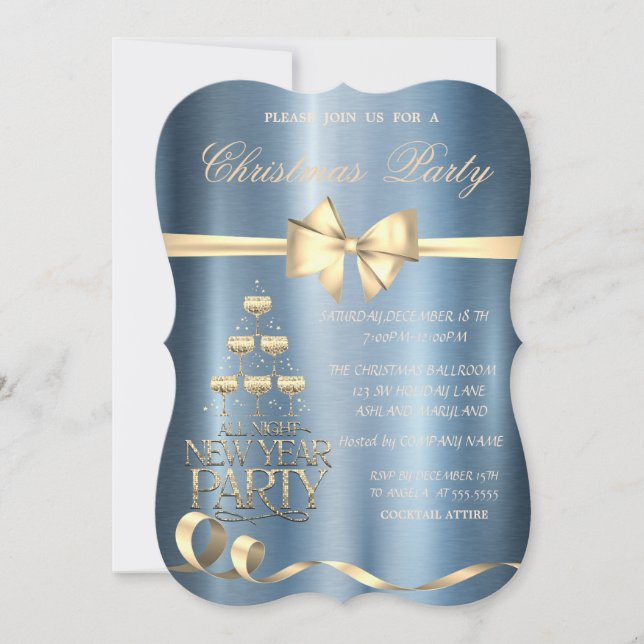 Champagne Glass Bow Blue Metallic Christmas  Invitation (Front)