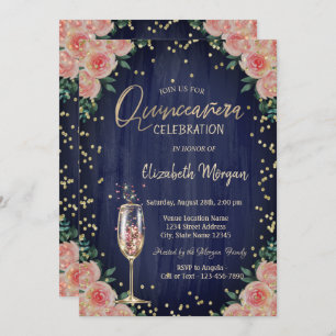 Champagne Glass Diamonds Flowers Quinceañera  Invitation