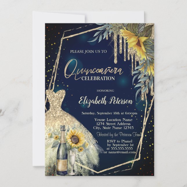 Champagne Glass,Dress,Sunflowers Navy Blue Invitation (Front)