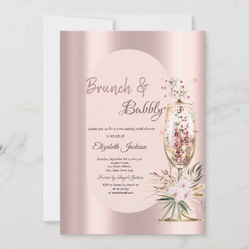 Champagne Glass Drips Flowers Rose Gold Invitation