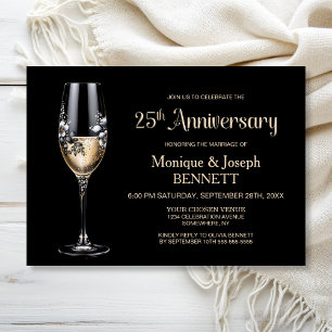 Champagne Glass Floral 25th Wedding Anniversary Invitation