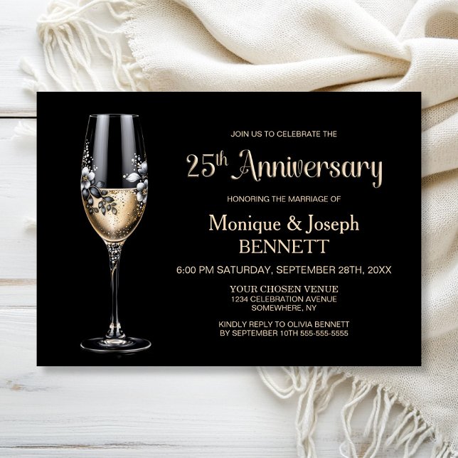 Champagne Glass Floral 25th Wedding Anniversary Invitation (Creator Uploaded)