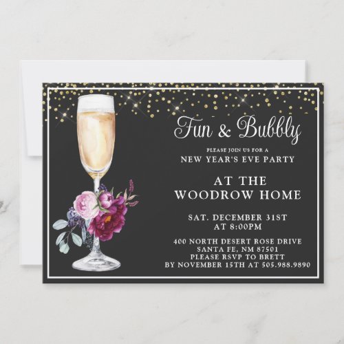 Champagne Glass Gold Black New Years Eve Invitation