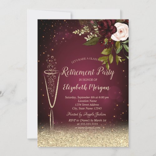 Champagne Glass Gold Burgundy Roses Retirement  Invitation