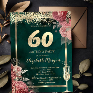 Champagne Glass Gold Confetti Floral Green 60th Invitation