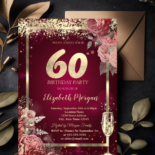 Champagne Glass Gold Confetti Floral Red 60th Invitation