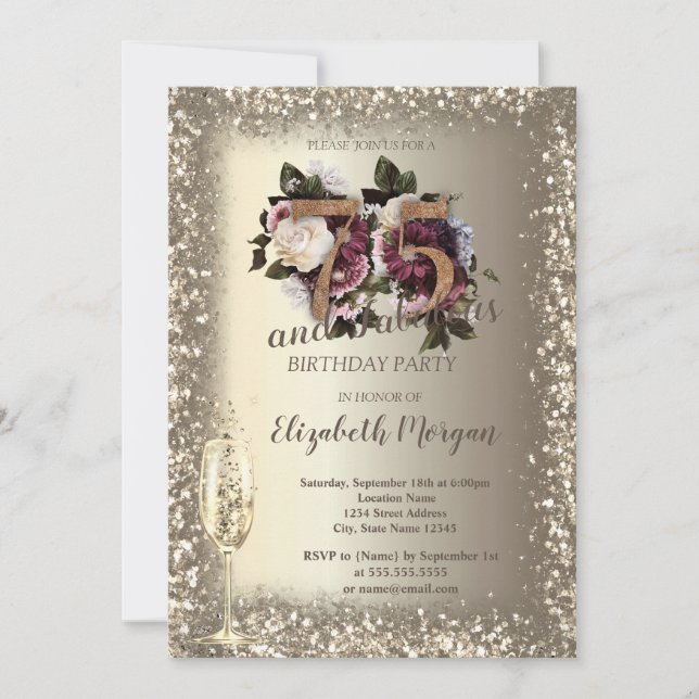 Champagne Glass Gold Confetti Frame Floral 75th  Invitation (Front)