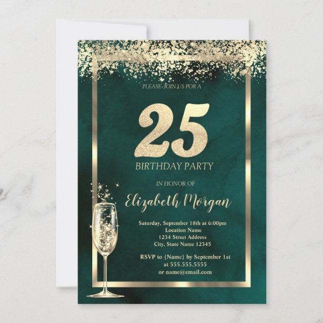  Champagne Glass Gold Confetti Green 25th Birthday Invitation (Front)