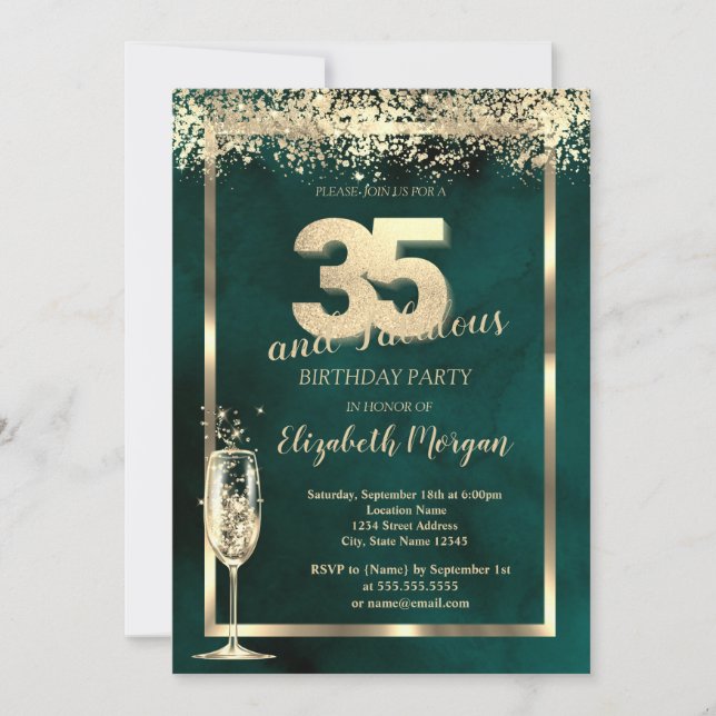 Champagne Glass Gold Confetti Green 35th Birthday Invitation (Front)