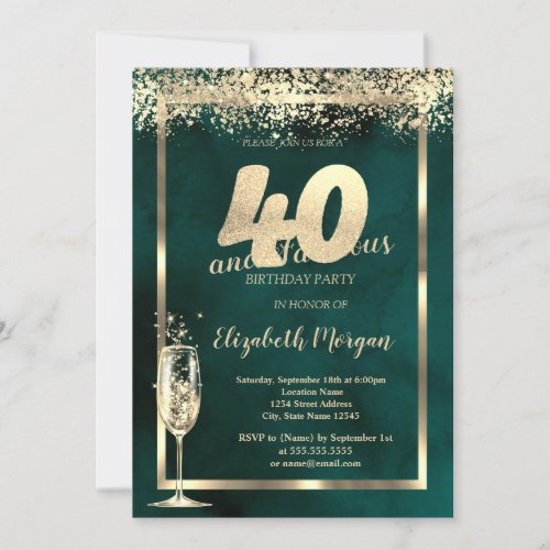 Champagne Glass Gold Confetti Green 40th Birthday Invitation