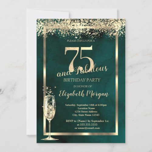 Champagne Glass Gold Confetti Green 75th Birthday Invitation