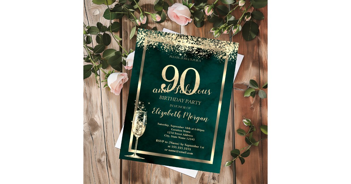 Champagne Glass Gold Confetti Green 90th Birthday Invitation | Zazzle