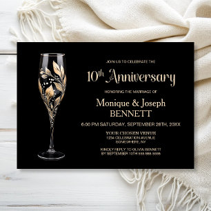 Champagne Glass Gold Leaf 10th Wedding Anniversary Invitation