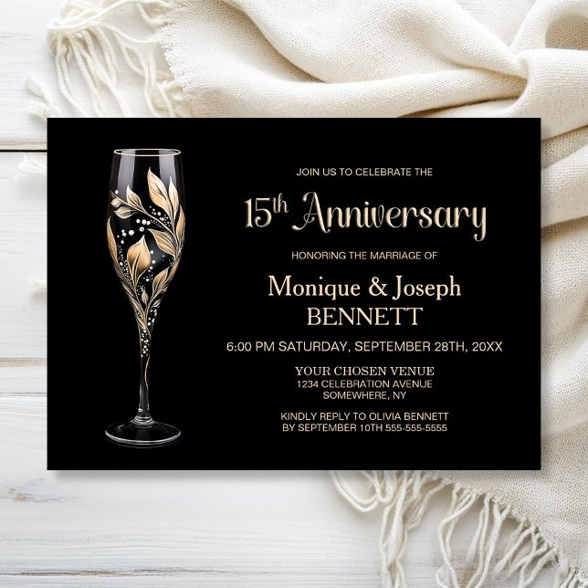 Champagne Glass Gold Leaf 15th Wedding Anniversary Invitation (Creator Uploaded)