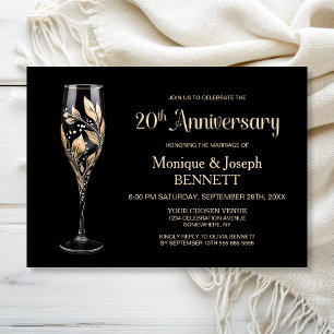 Champagne Glass Gold Leaf 20th Wedding Anniversary Invitation