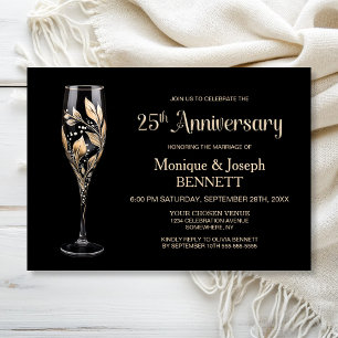 Champagne Glass Gold Leaf 25th Wedding Anniversary Invitation