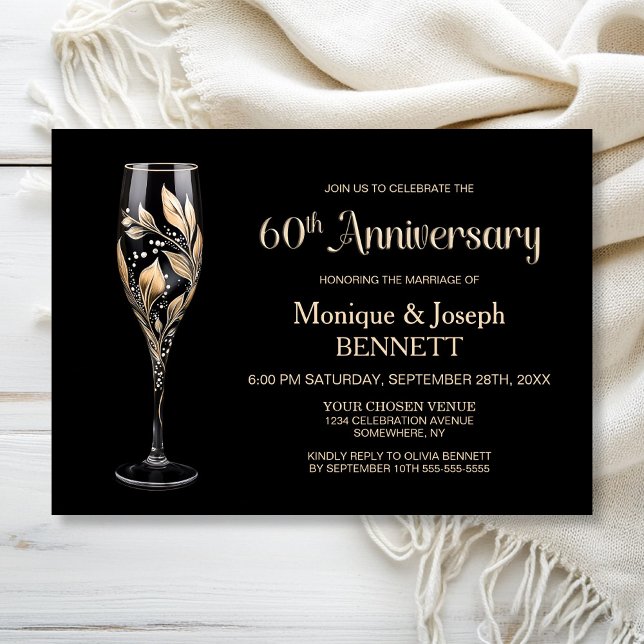 Champagne Glass Gold Leaf 60th Wedding Anniversary Invitation (Creator Uploaded)