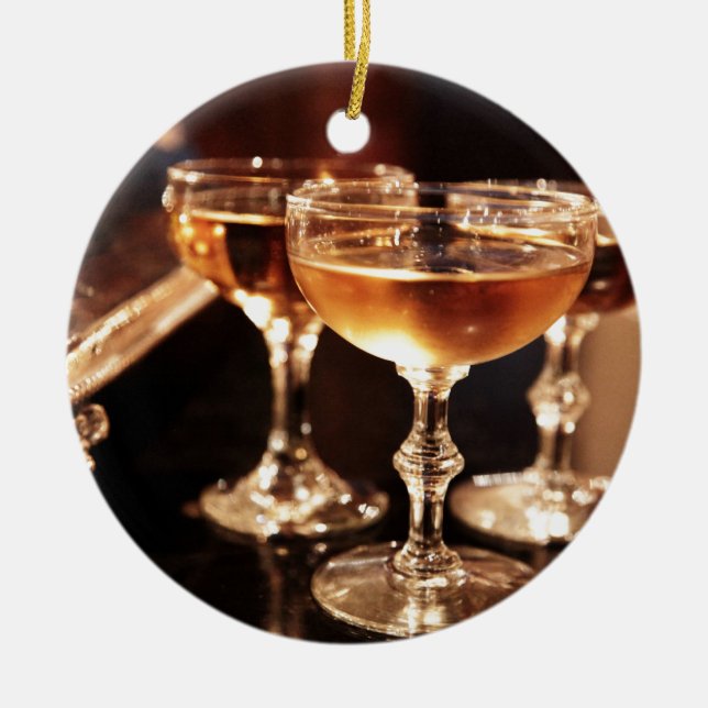 champagne glass golden toast ceramic ornament (Front)