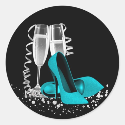 Champagne Glass High Heel Shoe Teal Blue Stickers