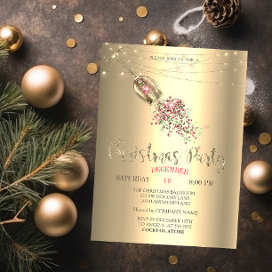 Champagne Glass,Lights Gold Christmas Company Invitation