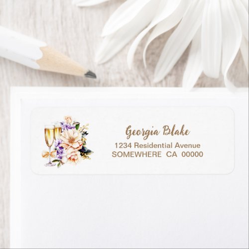 Champagne Glass Peach Floral Return Address Label