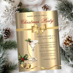 Champagne Glass Pearls Bow Gold Christmas Party  Invitation