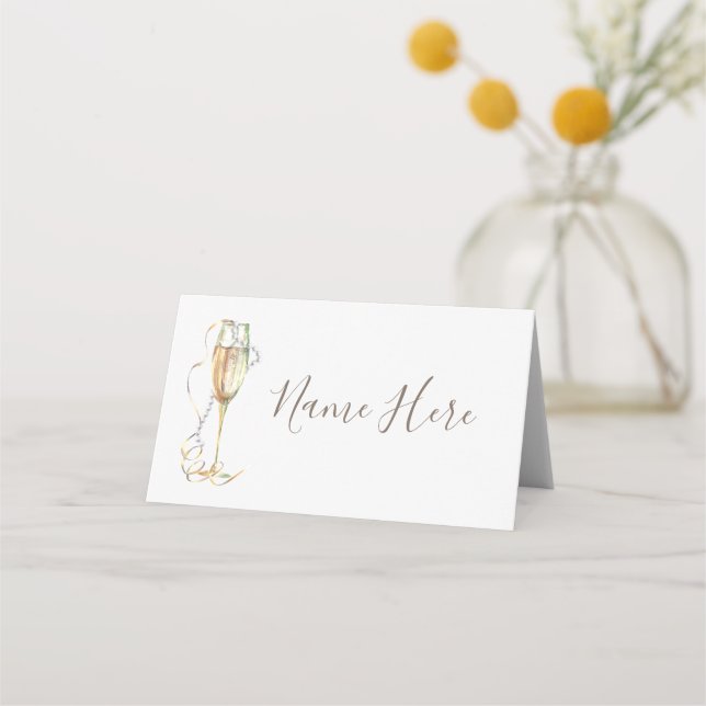 Champagne Glass Pearls Folded Place Card (Front)
